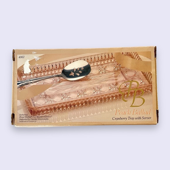 Peach Ballad Vintage Cranberry Tray w/ Server Pink Glass Oneida 8.5” - Picture 2 of 10